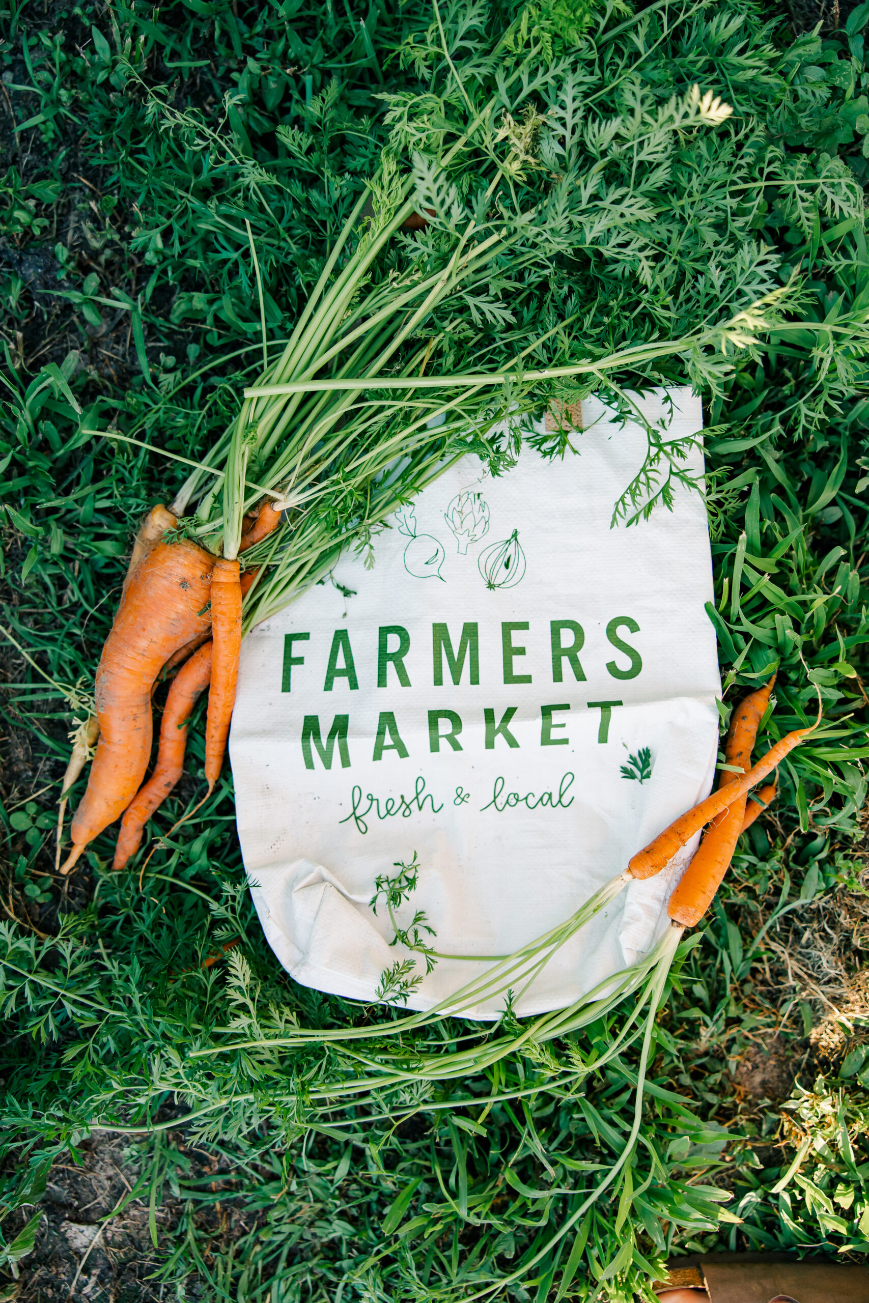 Freshly harvested carrots and green tops arranged beside a reusable tote bag labeled "Farmers Market - fresh & local," set against a backdrop of lush green grass. Ideal for promoting local produce and sustainable shopping practices.